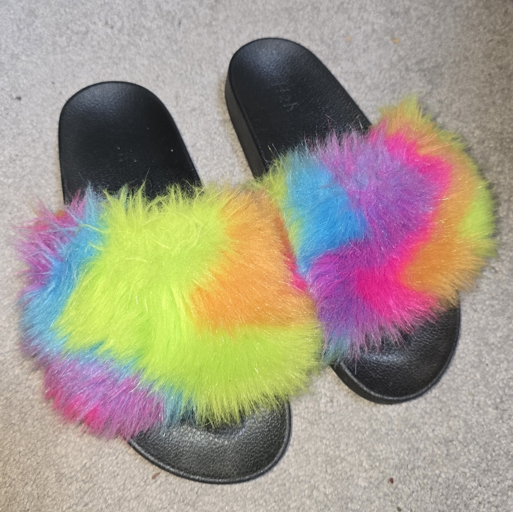 Furry rainbow slippers